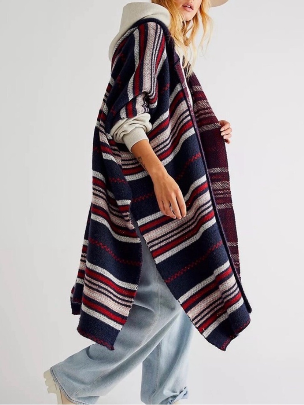 Free People Navy, Burgundy, Cream & Gray Striped Open-Front Poncho